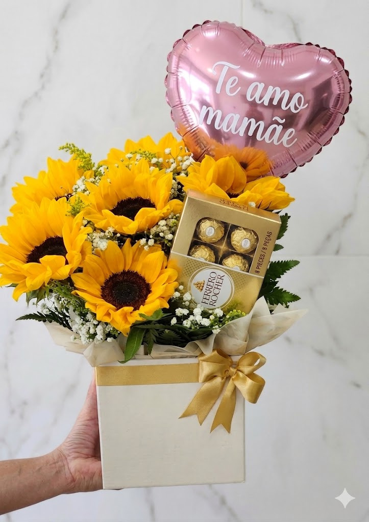 Box de Girassol + Ferrero + Balão Te Amo Mamãe
