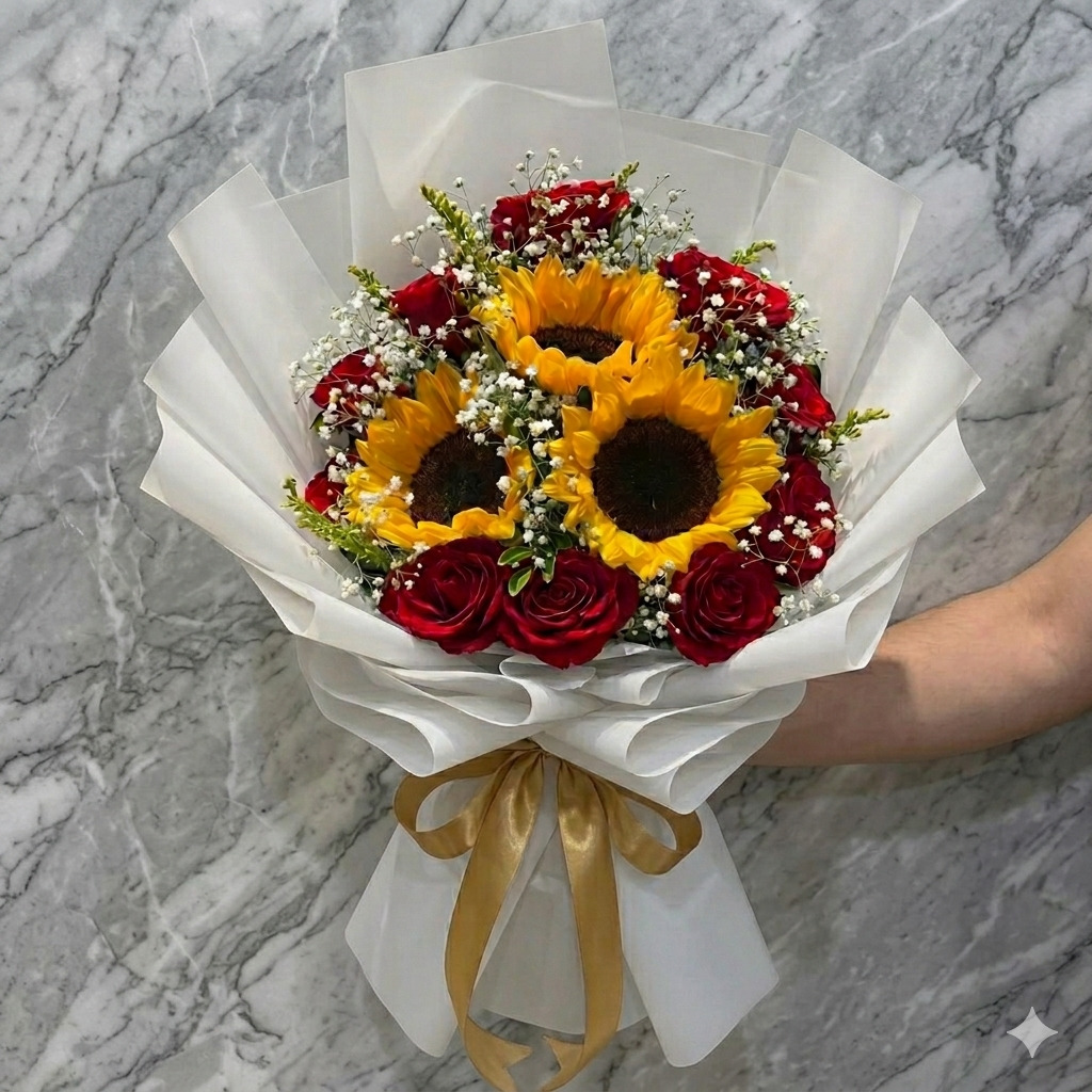 Buquê 3 Girassóis e 10 Rosas Vermelhas — Dia das Mães