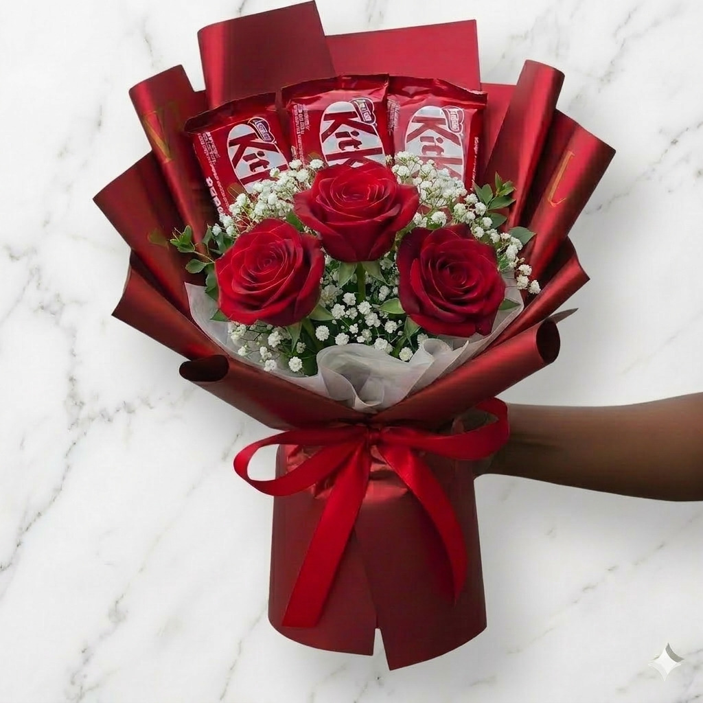 Buquê 3 Rosas Vermelhas + 3 KitKat