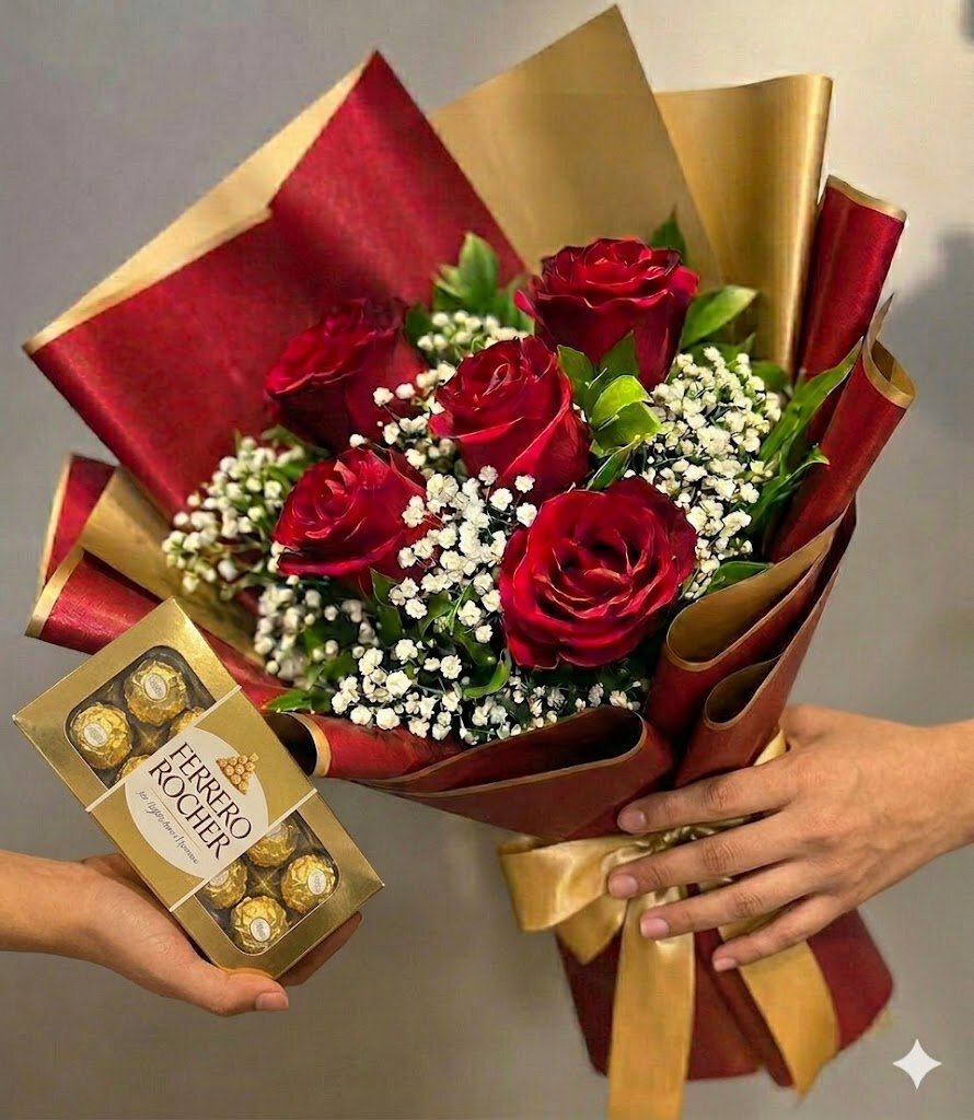 Buquê de 6 Rosas com Ferrero Rocher — Floricultura Salvador