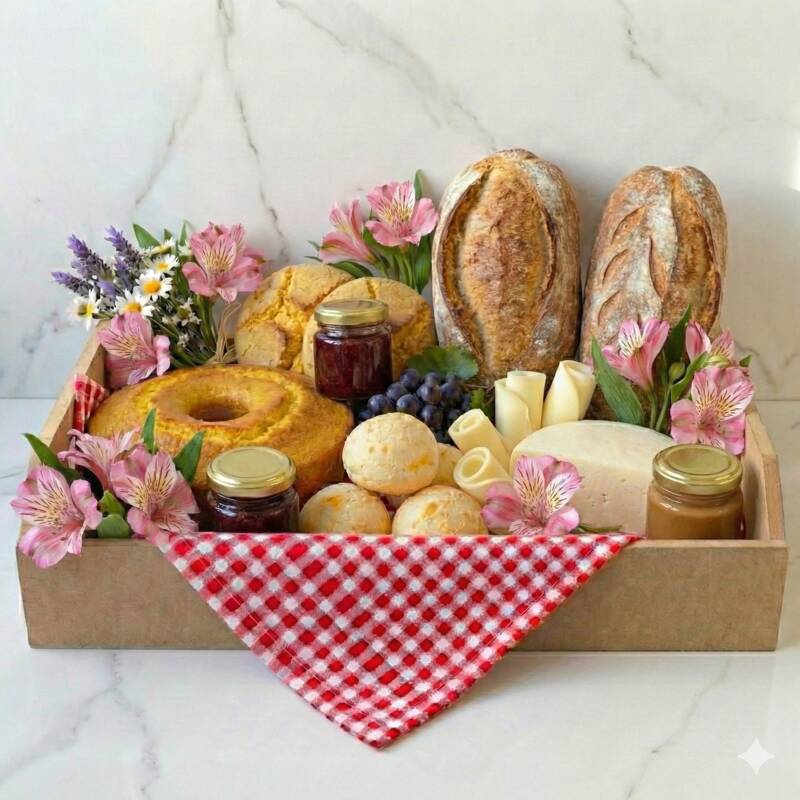Cesta Nordestina — Pães, Queijo, Geleias e Flores