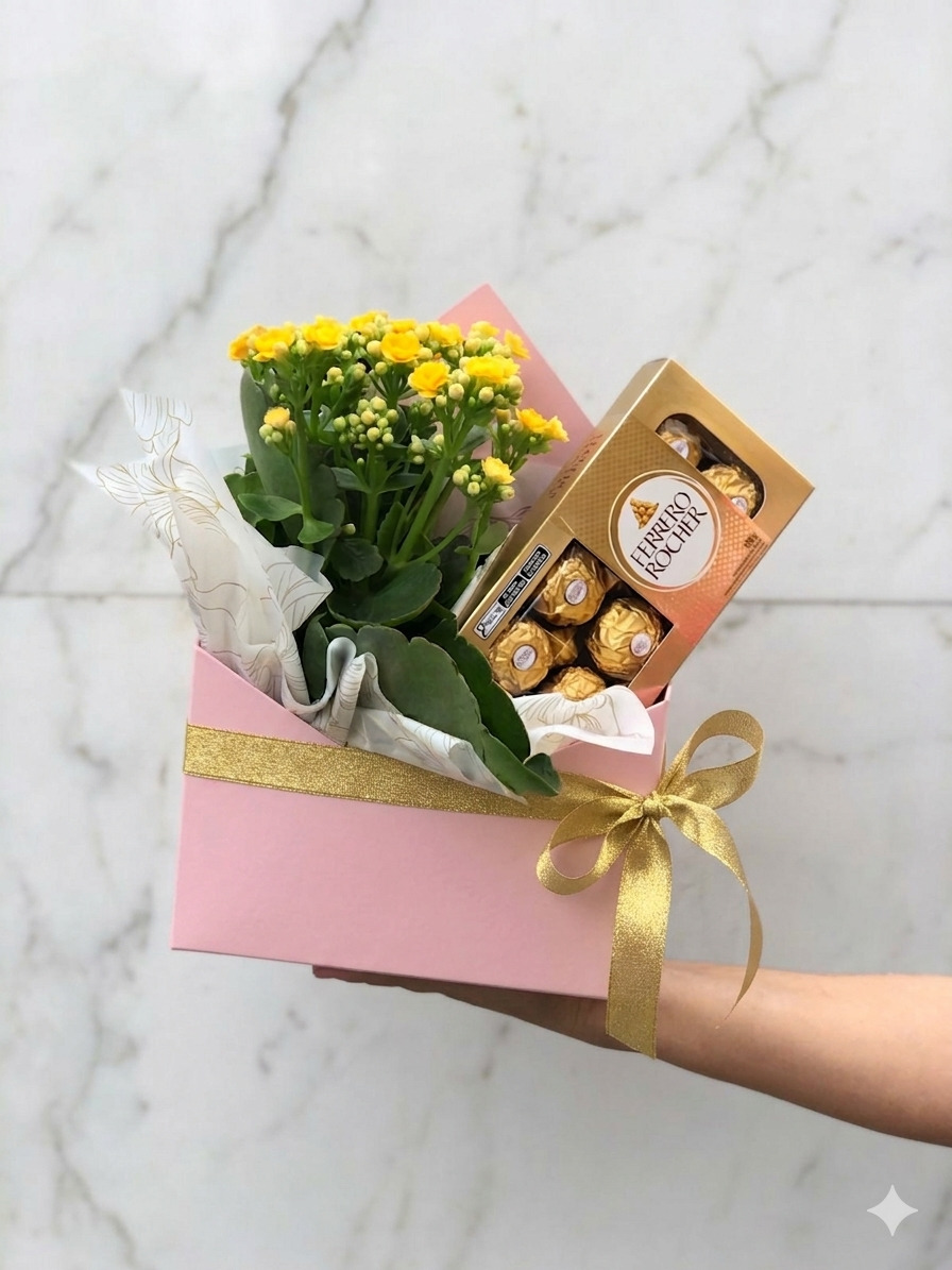 Envelope Rosa com Kalanchoe Amarela e Ferrero Rocher