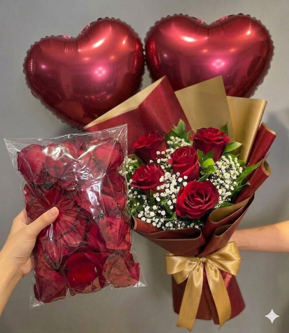 Combo Namoro — 6 Rosas + Balões + Pétalas