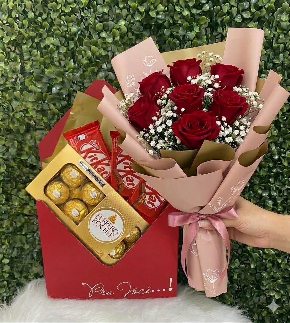 Buquê de Rosas com Kitkat e Ferrero Rocher