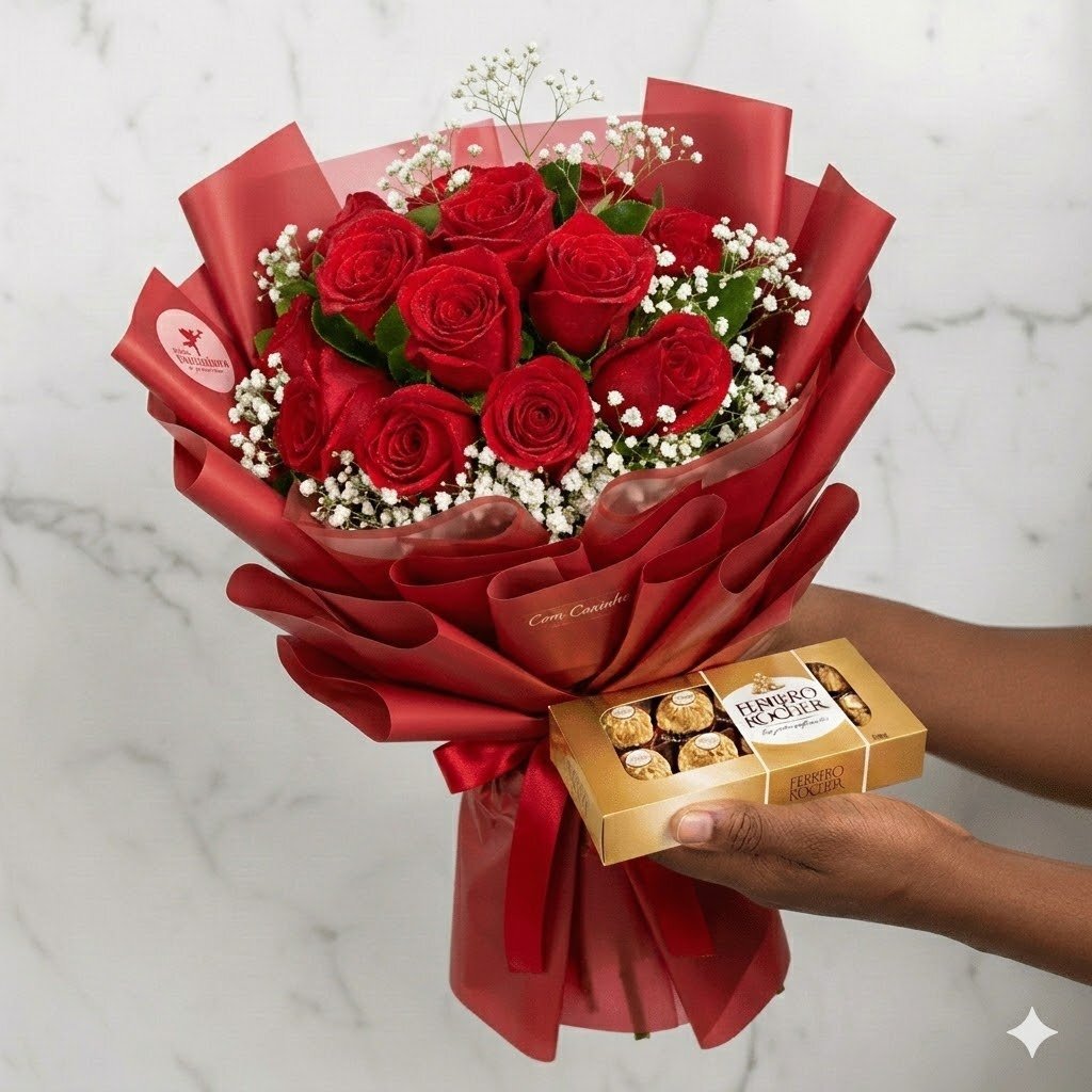 Buquê Grande — 12 Rosas com Ferrero Rocher