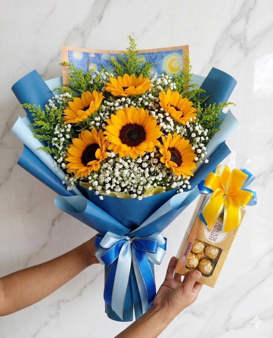 Buquê Van Gogh Girassóis + Ferrero